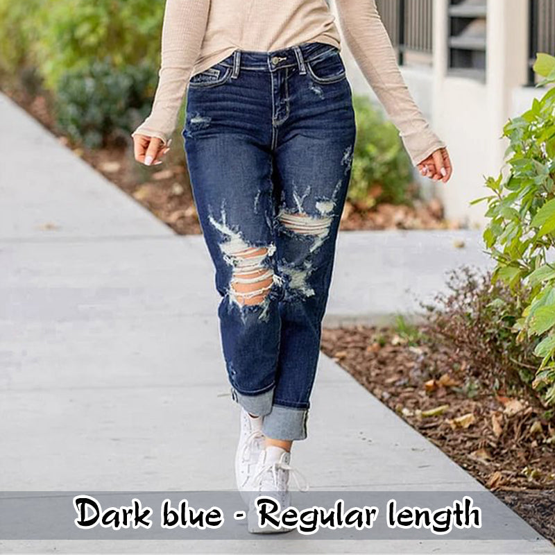 Women's Tummy Control Distressed Cuffed Boyfriend Jeans