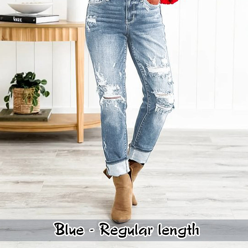 Women's Tummy Control Distressed Cuffed Boyfriend Jeans